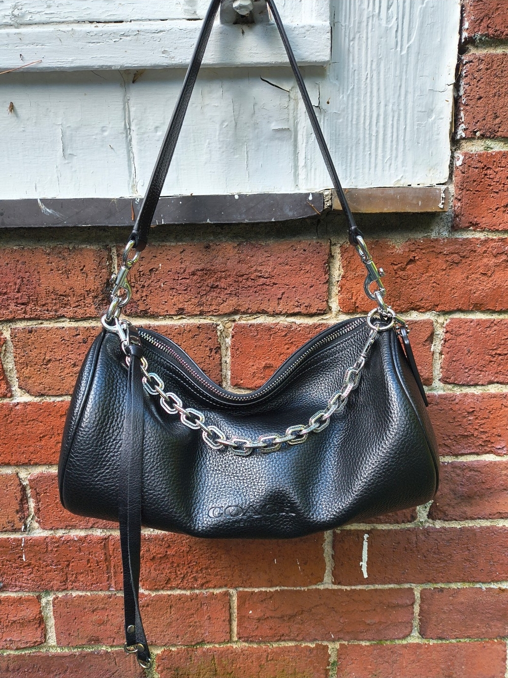 Black Leather Shoulder Bag with Chain Detail